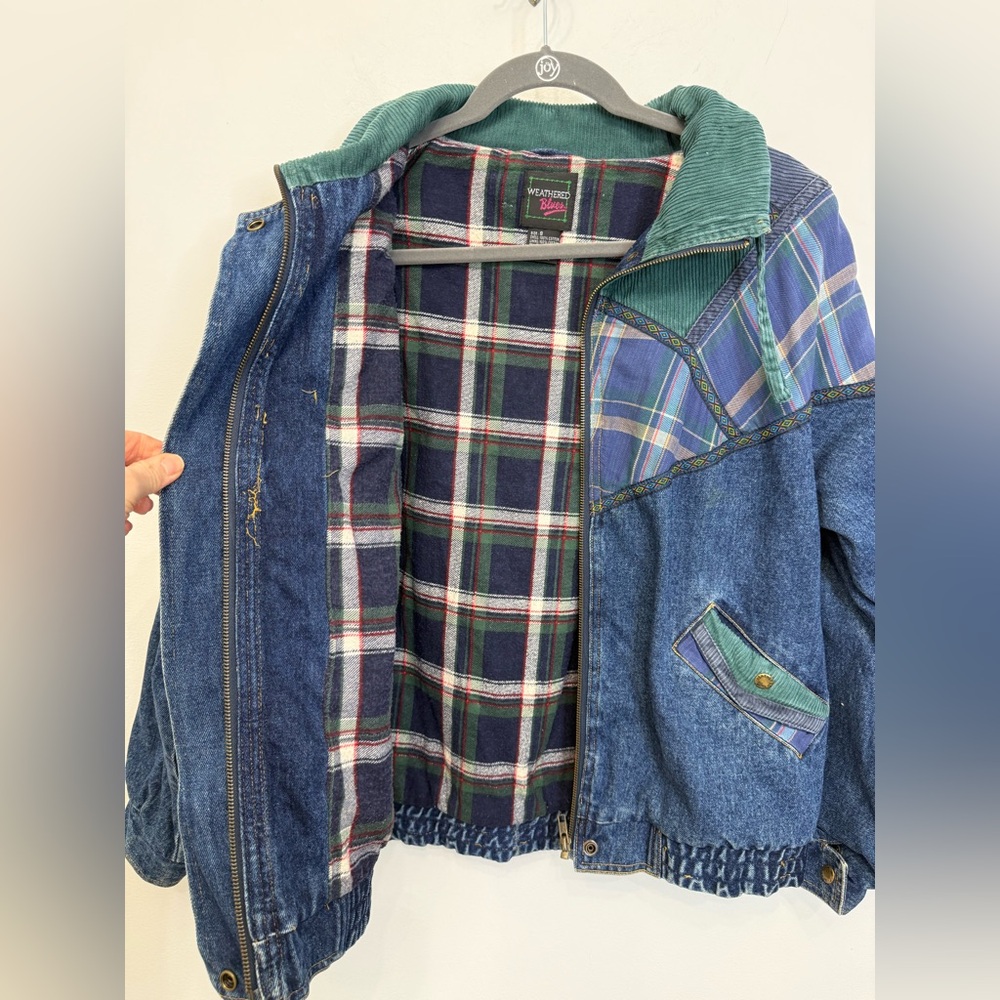 Weathered Blues Vintage Denim Bomber Jacket Mixed Media Flannel Lined Women’s S - Picture 9 of 15